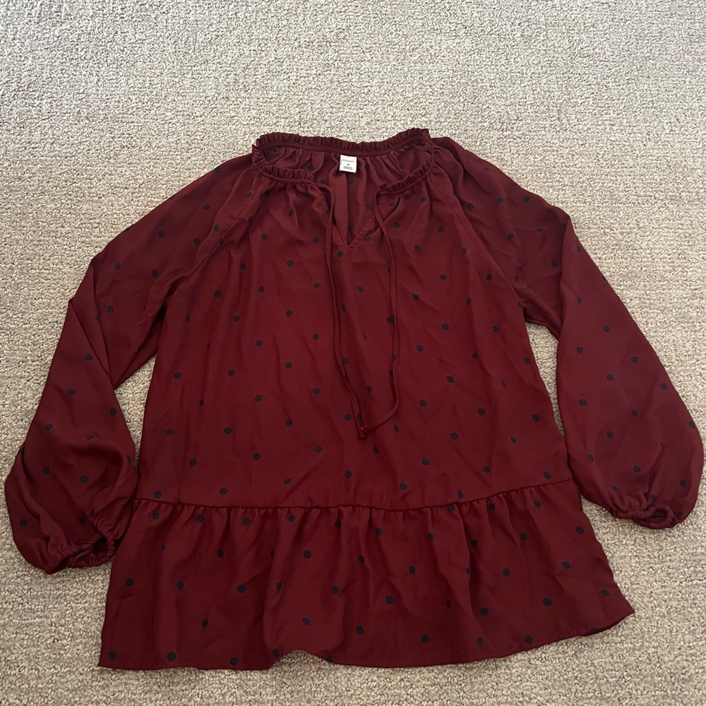 Old Navy- Women's Burgundy Blouse with Navy Polka Dots